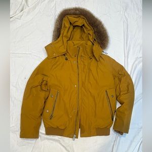 andrew marc down filled fur hood puffer bomber coat - mustard - small